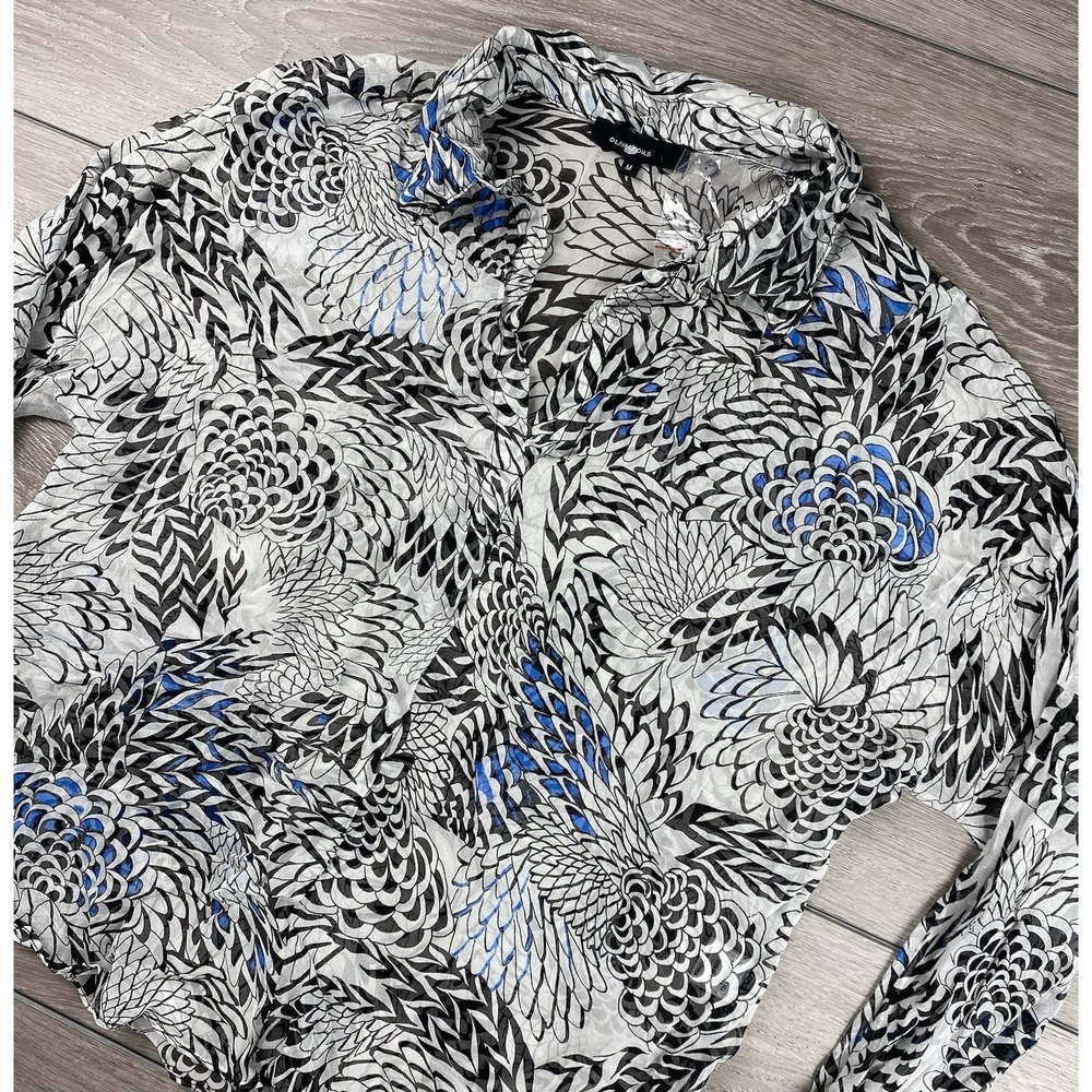 Olivaceous Women's Long Sleeve Abstract‎ 100% Silk V Neck Blouse Grey Size M